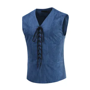 Men vintage medieval sleeveless vest faux suede lace-up casual waistcoat stylish outerwear top