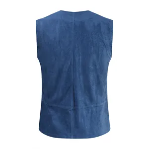Men casual sleeveless vest back detail, blue suede waistcoat for autumn and winter fashion.