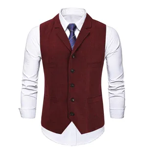 Burgundy herringbone suit vest detail, classic lapel slim fit business casual waistcoat.