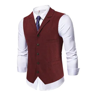 Men's vintage herringbone suit vest featuring classic shawl lapel and elegant waistcoat cut.