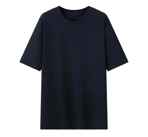 Vista dettagliata della t-shirt a maniche corte girocollo blu navy tinta unita, top estivo.