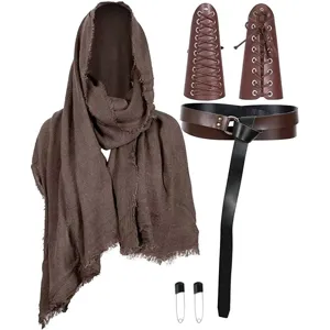 Medieval hooded cloak and leather bracers belt set for Halloween cosplay costume party.