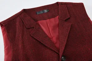 Men's herringbone suit vest detail, red and black retro waistcoat collar close-up view.