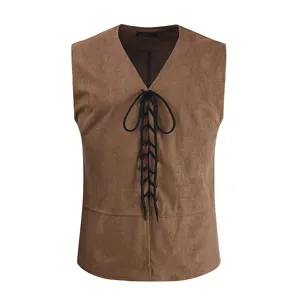 Men's vintage suede lace-up sleeveless vest waistcoat for casual autumn winter daily wear.