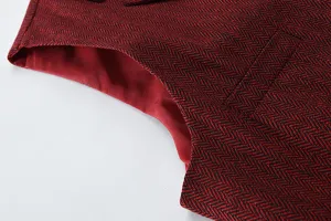 Men's business suit vest detail showcasing classic red black herringbone fabric and lining.