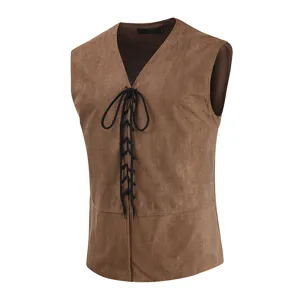 Detailed close-up view of men vintage brown faux suede lace-up vest waistcoat for casual daily wear.