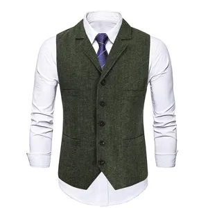 Men's Business Suit Vest British Retro Herringbone Casual Slim Fit V-Neck Single-Breasted Waistcoat Gentleman Formal Top