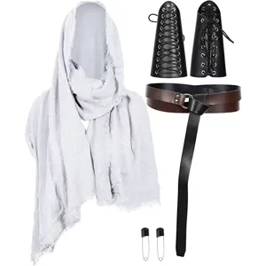 Medieval LARP knight costume accessories set including hooded scarf, bracers and leather belt.
