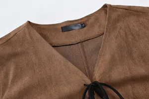 Men brown suede vest detail shot, casual sleeveless jacket collar and lace-up design.