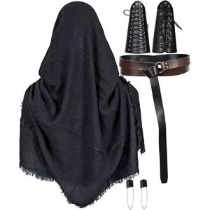 Medieval knight Renaissance hooded cloak set with leather bracers belt for cosplay event.