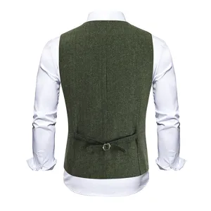 Men's green herringbone suit vest, classic vintage business waistcoat back view detail.