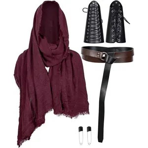 Medieval Knight Renaissance Hooded Cloak Cape LARP Costume Accessories With Bracers Belt For Halloween Party