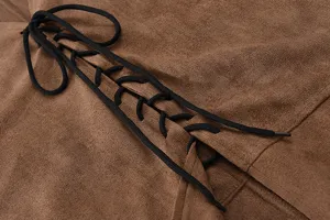 Brown suede vest fabric and black lace up detail closeup view for men autumn top