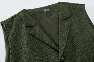 Men's vintage herringbone suit vest detail, stylish lapel single-breasted waistcoat for business.