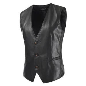 Men's British Style Slim Fit PU Leather Vest Single Breasted V-Neck Casual Business Waistcoat Plus Size