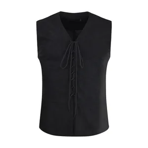 Men casual sleeveless lace-up vest waistcoat vintage suede style outerwear black top.