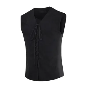 Men's vintage sleeveless lace-up vest black retro fashion waistcoat for autumn winter