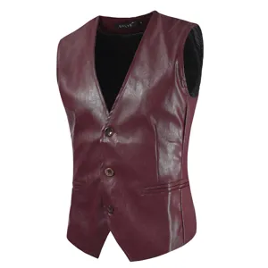 Men's Burgundy PU Leather Vest Slim Fit Single Breasted Suit Waistcoat Casual Apparel