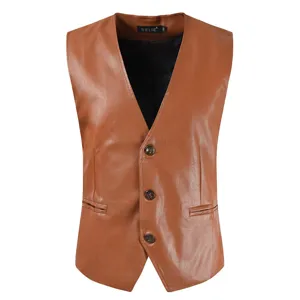Men's brown PU leather vest slim fit single breasted waistcoat vintage fashion casual outerwear.