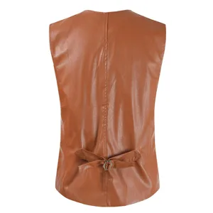 Men's brown PU leather slim fit vest with back adjustable strap for business casual wear.