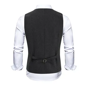 Men's business suit vest back detail, herringbone fabric with adjustable strap and metal buckle.