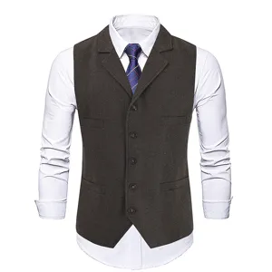 Men's herringbone suit vest slim fit business casual waistcoat with lapel collar.