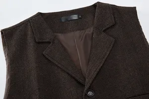 Men's brown herringbone suit vest vintage business casual waistcoat detail closeup view