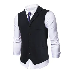 Men's business suit vest with herringbone pattern, paired with white shirt and tie for a stylish look.