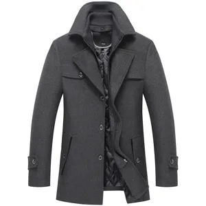 Men Winter Wool Blend Trench Coat Thickened Double Collar Lapel Long Jacket Business Casual Overcoat Outerwear