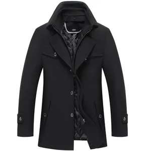 Men's winter black wool blend pea coat with double collar and quilted warm lining.