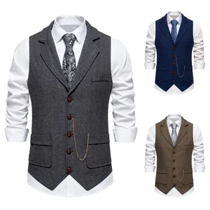 Men's herringbone tweed suit vest retro lapel waistcoat with pocket chain for business casual wear.