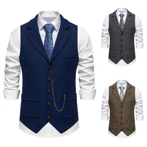 Men's herringbone tweed suit vest vintage lapel waistcoat with decorative chain.