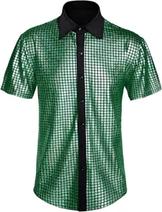 Camisa de hombre con lentejuelas verdes y cuello negro para fiesta disco de los 70 y cosplay