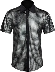 Camisa de manga corta con lentejuelas plateadas para fiesta disco de los 70.