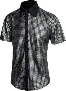 Tejido de rejilla de lentejuelas plateadas y detalle de cuello negro de camisa disco