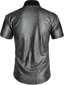 Camisa hombre manga corta lentejuelas disco fiesta brillante cuadrícula botones top