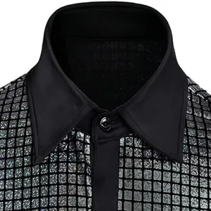 Camisa de lentejuelas hombre primer plano cuello y detalle tela rejilla fiesta