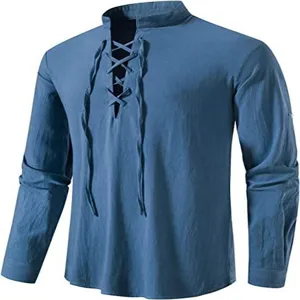 Men casual cotton linen long sleeve shirt stand collar lace up front detail view design