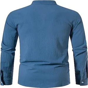 Detailed back view of men's casual long sleeve linen mandarin collar shirt texture.