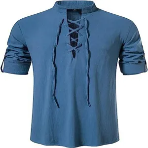 Men's casual linen henley shirt with lace-up front and stand collar for beach wear detail view.