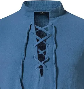 Men's casual linen stand collar long sleeve henley shirt featuring front lace-up detail.