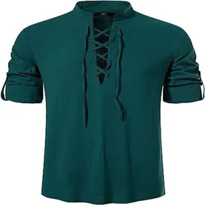 Men's casual cotton linen Henley shirt long sleeve stand collar beach vintage green top