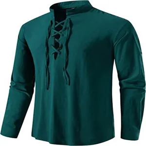 Men's dark green long sleeve linen blend casual shirt with lace-up collar detail.