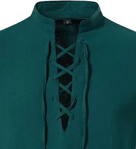 Close up detail of mens dark green cotton linen long sleeve henley shirt collar and lace.