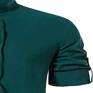 Men's cotton linen casual stand-collar long sleeve shirt detail view, breathable.