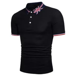 Heren Zwarte Korte Mouw Polo Shirt met Britse Vlag Kraag Zomer Mode Casual Top Kleding