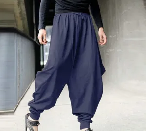 Men's loose harem pants casual retro drop crotch trousers dark blue streetwear style.