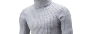 Close-up view of men's grey turtleneck cable knit sweater showing fine texture and slim fit design.