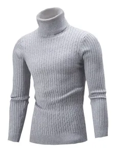Men's solid color cable knit turtleneck sweater slim fit autumn winter pullover gray