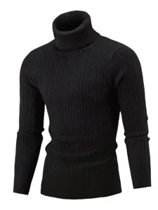 Men's black turtleneck sweater slim fit cable knit long sleeve winter pullover.